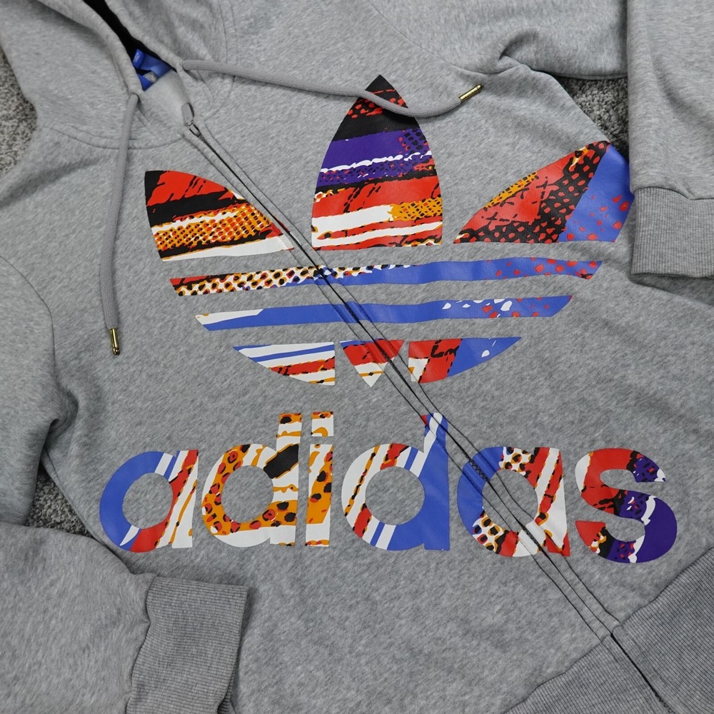 Adidas Men's Gray Zip-Up Hoodie with Multicolor Trefoil Logo - Picture 2 of 13